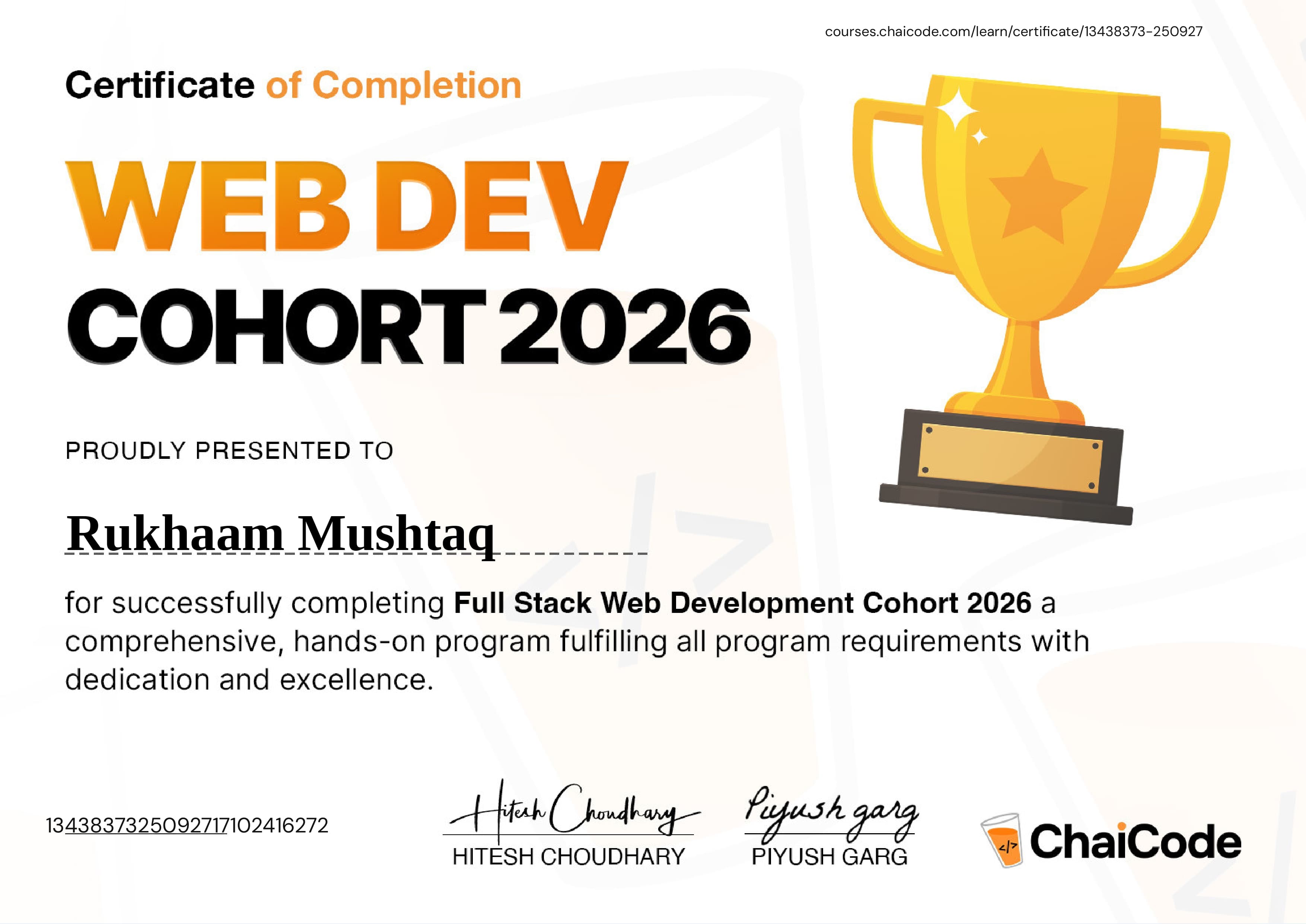 Web Dev Cohort 2026 Certificate — Rukhaam Mushtaq
